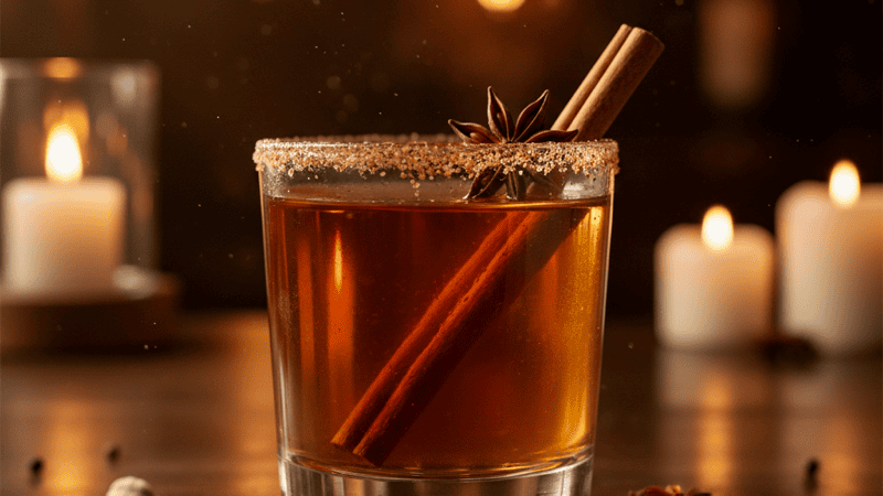 A cocktail glass with amber chai-infused bourbon garnished with a cinnamon stick and star anise on a dark bar counter