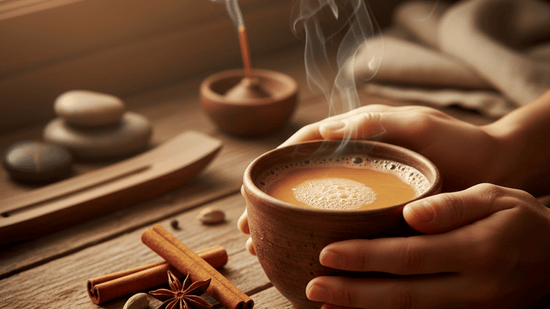 Steam rising from a simmering pot of masala chai with whole spices floating on the surface