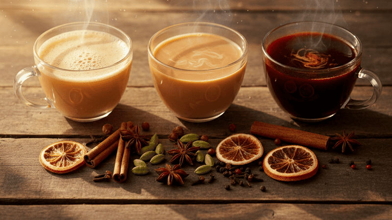Three cups of chai arranged along a timeline from sunrise to moonlight, showing golden morning chai to deep amber evening brew