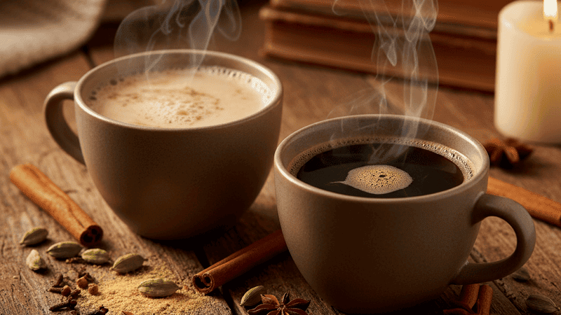 A warm cup of masala chai beside a cup of black coffee on a rustic wooden table, steam rising from both