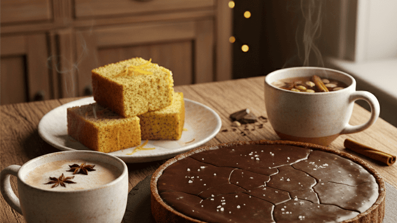 A spread of modern desserts including dark chocolate tart and lemon poppyseed cake alongside different styles of chai in ceramic cups