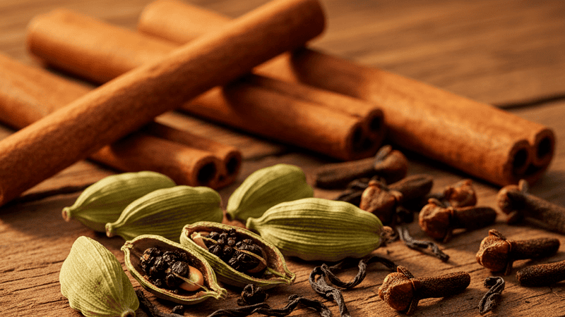 Whole chai spices and loose black tea leaves scattered on a warm wooden surface