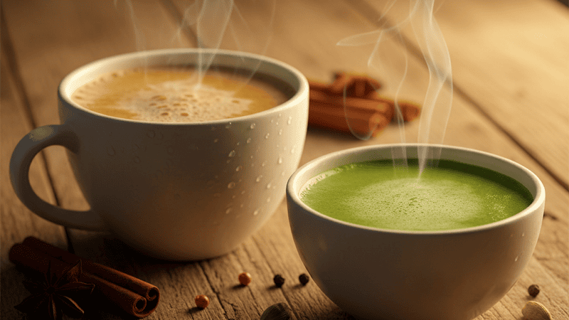 A cup of golden masala chai beside a vibrant green matcha latte on a wooden table