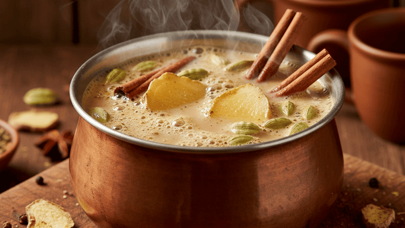 A steaming copper pot of masala chai with whole cardamom pods, fresh ginger, and cinnamon sticks on a wooden cutting board