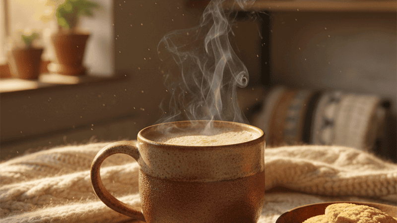 A steaming cup of chai on a small ceramic saucer beside dates and biscuits on a warm afternoon windowsill