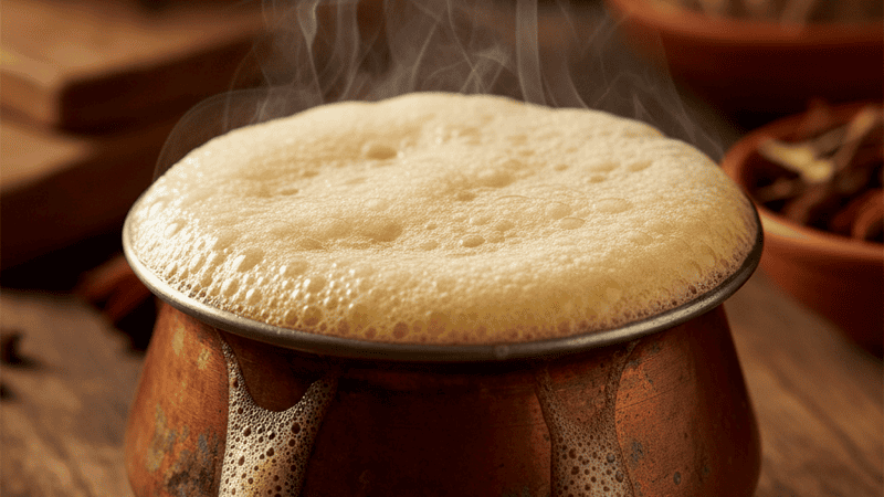 A small pot of chai at a rolling boil with thick creamy foam on the surface