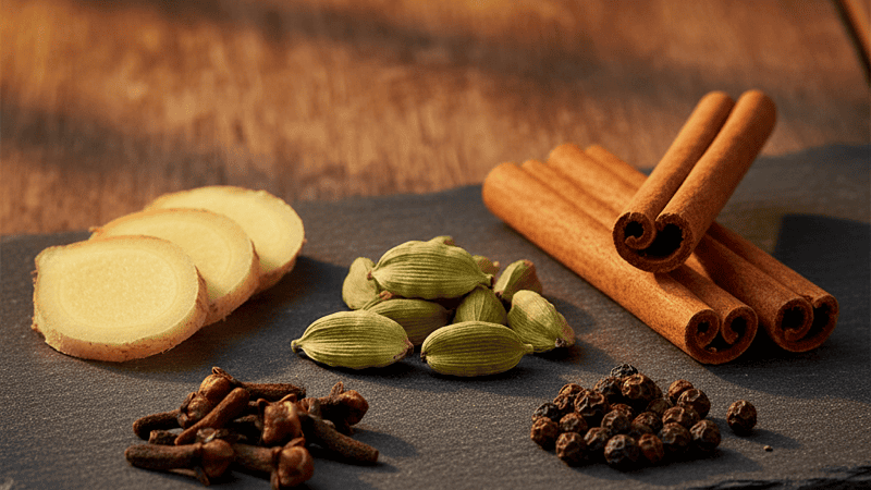 Cardamom pods, cinnamon sticks, whole cloves, black peppercorns, and fresh ginger arranged on a dark slate surface