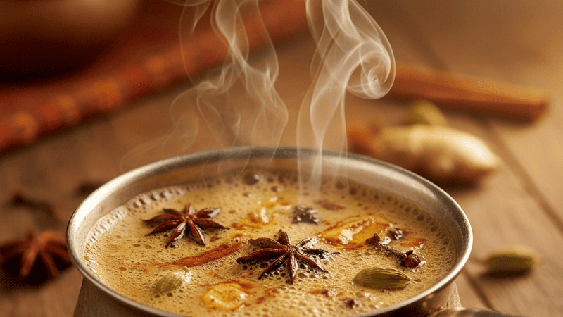 Masala chai in a small steel pot at the aroma peak moment with dramatic steam rising and visible spices floating
