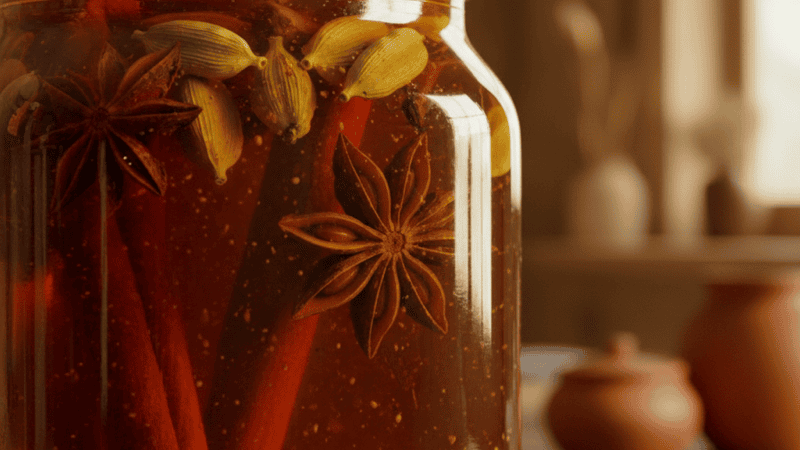 A glass jar of dark amber chai concentrate on a kitchen counter next to whole spices and a small saucepan
