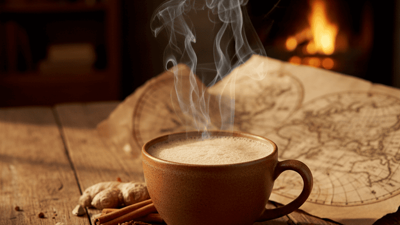 A world map with tea cups placed along ancient trade routes connecting China to India, Turkey, and Europe