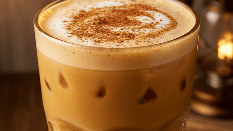 A tall glass of iced chai with visible layers of spiced tea and cold foam topped with a sprinkle of cinnamon