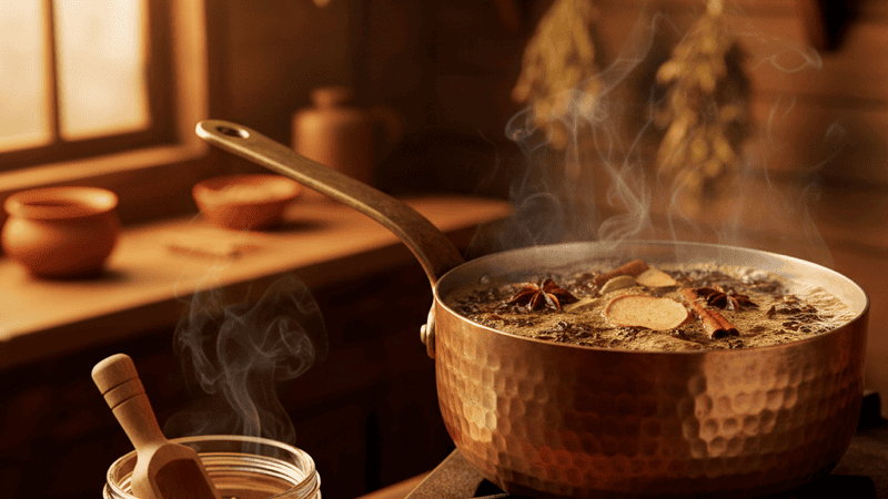 A jar of instant chai powder beside a traditional saucepan of simmering loose-leaf masala chai