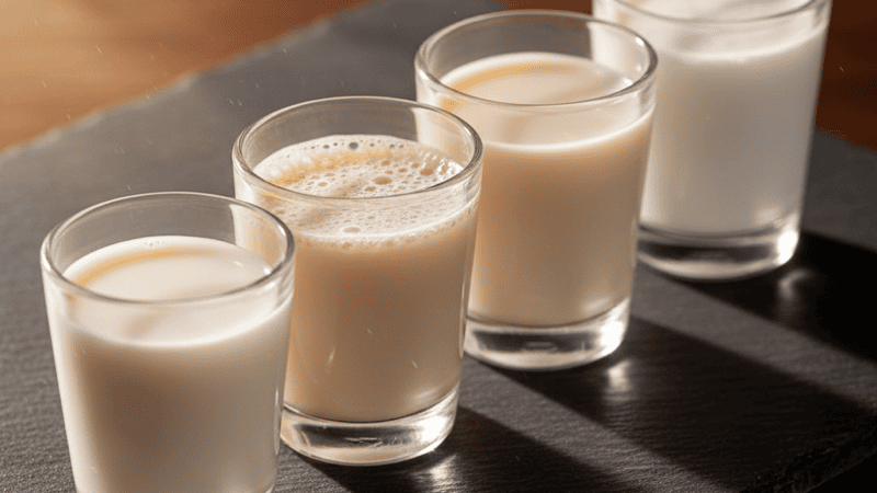 Four small glasses each containing different milks — whole, oat, almond, coconut — on dark slate
