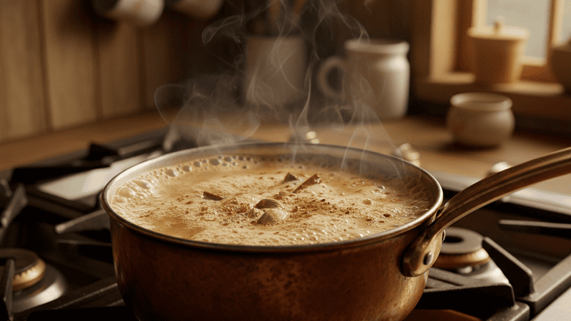 A pot of chai at a rolling boil on a gas stovetop with visible steam and bubbles