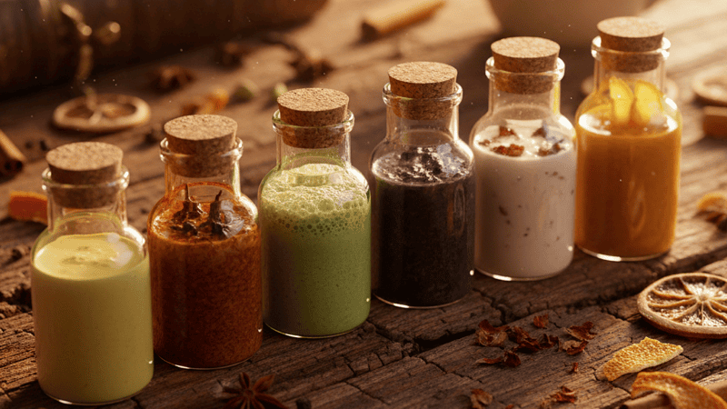 Six small glass vessels each holding a different colored chai variety on a rustic wooden surface