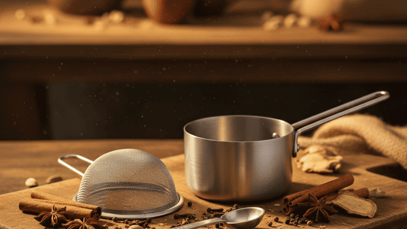 A small steel saucepan, mesh strainer, and measuring spoon arranged on a rustic wooden countertop beside loose chai spices