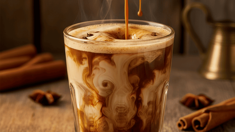 A double shot of espresso being poured into a glass of creamy spiced chai latte creating swirling layers