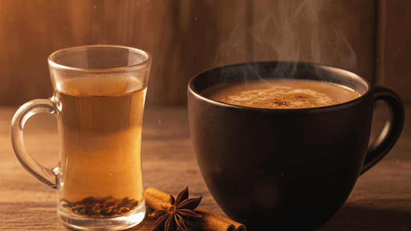 A pale watery cup of chai next to a rich dark cup of properly brewed masala chai for comparison